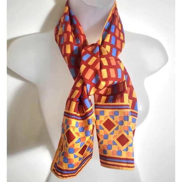 VERA vintage 70s Orange blue  red hand rolled Japan Geometric Long Poly Scarf - Picture 1 of 12